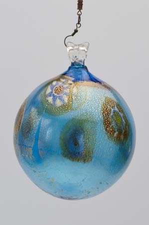 Murano glass Christmas bauble with canes blue and gold leaf